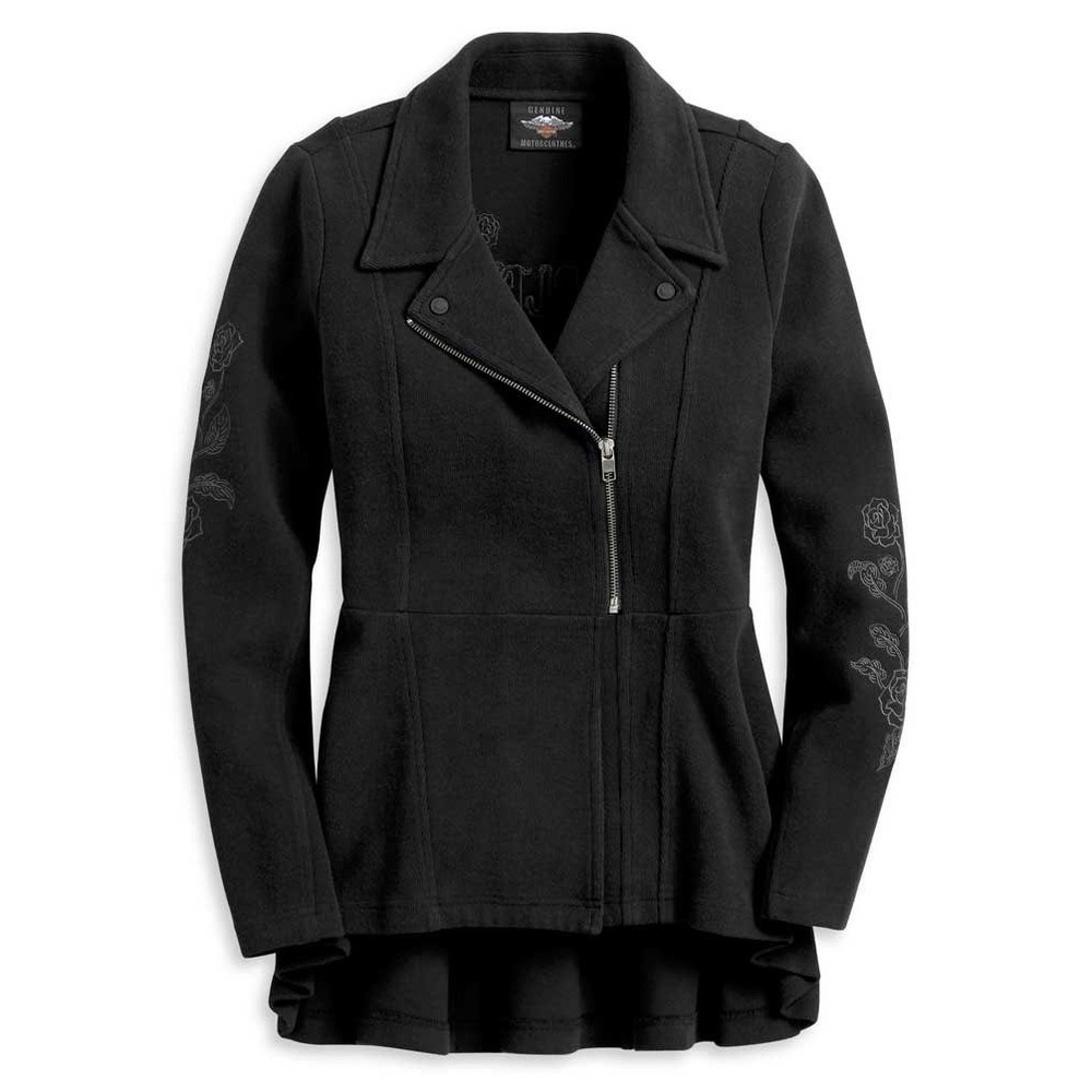 Harley-Davidson Women Black Rose Embroidered Moto Peplum Jacket Large 96016-20VW